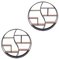 Set 2x Wall shelf round wood with metal frame Divit floating shelf with 6 shelves 31.50 inch diameter RE15 black