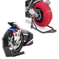 Set: Tyre Warmers Set 60-80°C for front and rear wheel 17 Inch in red + Wheel Chock Easy-Fix Front Stand up to 21 Inch 