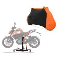 Set: Zentralständer KTM 125 / 390 Duke 17-21 orange Motorradheber Power-Evo + Motorradabdeckung Indoor M-L Stretch Garage in schwarz-orange_1