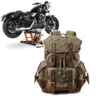 Set: Scissor Lift Midlift L 1500 lbs or ConStands with Motorcycle Backpack RG8 Canvas bag Vintage 20Ltr green