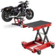 Set: Scissor Lift Midlift L 1500 lbs red ConStands with Motorbike Scissor Lift Dolly Mover HR1 1100 lbs red