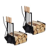 ,Set 2x Firewood basket with fireplace cutlery 4-piece metal Divit fireplace accessories with shovel,, ash brush,, tongs and poker ME100 black,