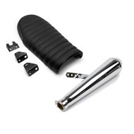 Set: Exhaust Universal Caferacer Cone + Seat for Cafe Racer or Scrambler Rebuilding Flat