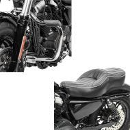 Set: Motorcycle Seat fits for Harley Davidson Sportster 04-20 Craftride VM2 2-Up driver passenger + Engine Guard fits for Harley Davidson Sportster 2004-2020 Craftride Mustache chrome
