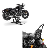 Set: Sissy Bar Detachable CSM compatible with Harley Davidson Sportster 04-20 black matt Craftride + Motorbike Scissor Lift Midlift L Hydraulic Jack for Chopper ConStands 1500 lbs black