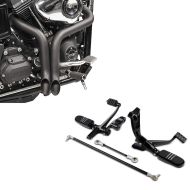 Set: Vorverlegte Fußrastenanlage für Harley Sportster 04-13 + Auspuff Drag Pipe für Harley Davidson schwarz_1
