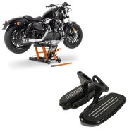 Set: Passenger Floorboards compatible with Harley Davidson Touring 93-24 Footboards Craftride CF2 with brackets black + Motorbike Scissor Lift ConStands Midlift L Hydraulic Jack for Chopper 1500 lbs in orange