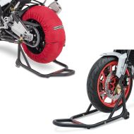 Set: Tyre Warmers Set 60-80°C for front and rear wheel 17 Inch in red + paddock stand Front mat