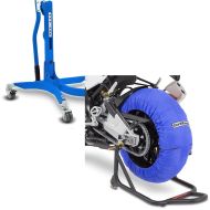 Set: Zentralständer ohne Adapterplatte in blau Motorradheber Power-Classic + Reifenwärmer Set 60-80°C für Vorderrad und Hinterrad 17 Zoll in blau_1