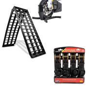 Set: Auffahrrampe Alu BP5 + Motorradwippe Easy Plus klappbar max. 680kg + Spanngurt Set mit Ratsche und Haken inkl 4x Zurrschlaufe in schwarz_1