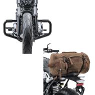 Set: Sturzbügel Mustache II für Harley Softail 18-21 in schwarz + Hecktasche Vintage 35L Canvas Rucksack Gepäckrolle braun_1