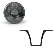 Set: Handlebar Ape Hanger Fat B2 1-1/4" Height 16" fits for Harley Davidson by Craftride Black + LED Headlight 5.75" Inch fits for Harley Davidson Headlamp Projector black Craftride