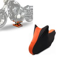 Set: Hebebühne Mid-Lift M Motorradheber für Harley und Chopper bis 500 kg + Motorradabdeckung Indoor XL-XXL Stretch Garage in schwarz-orange_1