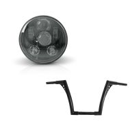 Set: Handlebar Ape Hanger Fat B2 1-1/4" Height 12" fits for Harley Davidson by Craftride Black + LED Headlight 5.75" Inch fits for Harley Davidson Headlamp Projector black Craftride