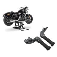 Set: Hebebühne indian Scout Bobber ConStands Mid-Lift L in schwarz + Sozius Fussrasten Set mit Halter für Indian Scout, Sixty, Bobber 15-19 Craftride_1