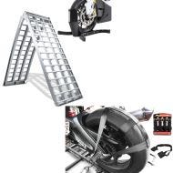 Set: Motorcycle aluminium loading ramp CS5 set wheel chock Easy Plus folding max 1500 lbs + Motorcycle Rear wheel and handlebar tie-down strap set with 4x ratchet belt