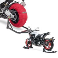 Set: Motorbike Tyre Warmers Set Laguna Seca ConStands 60-80°C for front and rear wheel 17 Inch in red + Motorcycle Paddock Stand Set Constands Rear and Front SBL