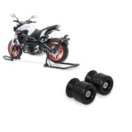 Set: Motorcycle Paddock Stand Set Constands Rear and Front FB black + Swing arm protectors - Paddock stand bobbins M6-8 carbon