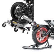 Set: Motorcycle Dolly Mover ConStands Heavy Duty silver + Motorcycle Rear Paddock Stand Dolly Mover 2 ConStands black