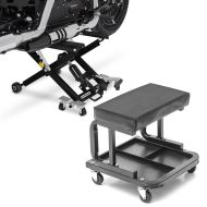 Set: Motorbike Scissor Lift ConStands Midlift XL Hydraulic Jack 1100 lbs in black + Workshop stool on wheels ConStands WS3 workshop seat black