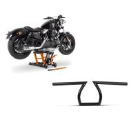 Set: Motorbike Scissor Lift ConStands Midlift L Hydraulic Jack for Chopper 1500 lbs in orange + Handlebar Ape Z-Bar 1" compatible with Harley Davidson black Craftride