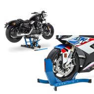 Set: Motorbike Scissor Lift ConStands Midlift L Hydraulic Jack for Cruiser and Chopper 1500 lbs blue + Wheel Chock ConStands Easy-Plus Front Stand up to 21 Inch blue CB39117