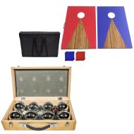Boule set in wooden case 8 Boule Pétanque balls including piggy target ball RE65 + Outdoor cornhole game CS2 cornhole boards made of wood red/blue