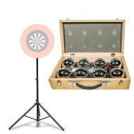 Dart stand height adjustable 140 - 76.77 inch PL38 black + Boule set in wooden case Cranit 8 Boule Pétanque balls including piggy target ball RE65