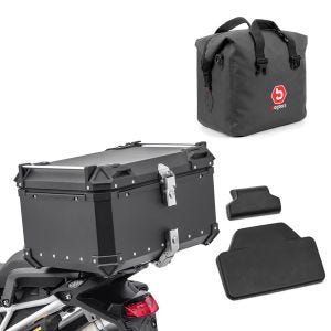Set Motorrad Aluminium Topcase 65L + Innentasche Dry Bag passend für Moto Guzzi Stelvio Bagtecs XB65 Alu Top Case schwarz + Sozius Rückenpolster
