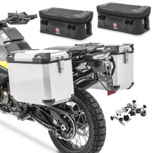 Alukoffer Set + Zusatztaschen + Adapter passend für Royal Enfield Himalayan 450 Bagtecs QP48 Aluminium Seitenkoffer silber