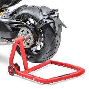 Single swing arm paddock stand compatible with Ducati Streetfighter V2 ConStands Single-One red