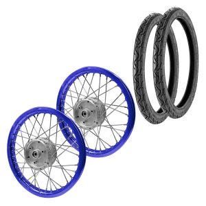 Set 2x Speichenrad Felge Alu 1,6x16 passend für Simson S51 S50 S70 Schwalbe KR51 Alufelge Craftride AF14 blau + 2x Reifen Vee Rubber VRM099 vorne hinten