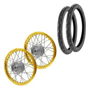 Set 2x Speichenrad Felge Alu 1,6x16 passend für Simson S51 S50 S70 Schwalbe KR51 Alufelge Craftride AF17 gold + 2x Reifen Vee Rubber VRM099 vorne hinten