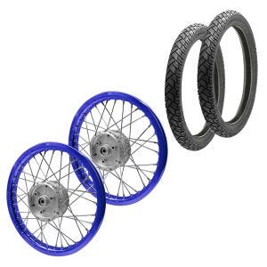 Set 2x Speichenrad Felge Alu 1,6x16 passend für Simson S51 S50 S70 Schwalbe KR51 Alufelge Craftride AF14 blau + 2x Reifen Vee Rubber VRM094 vorne hinten