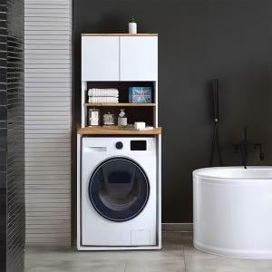 Waschmaschinenschrank Divit WS1 Waschmaschinen Tower mit T&uuml;ren in Wei&szlig;- Eiche 65cm x 60cm x 184cm DPL1
