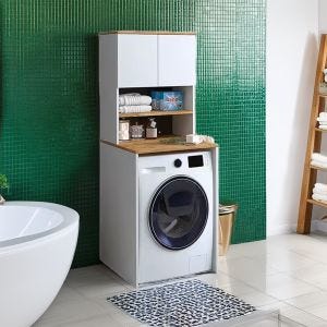 Waschmaschinenschrank Divit WS1 Waschmaschinen Tower mit T&uuml;ren in Wei&szlig;- Eiche 65cm x 60cm x 184cm DPL2