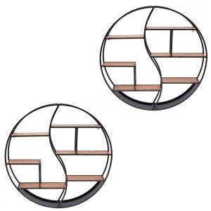 Set 2x Wall shelf round wood with metal frame Divit floating shelf with 6 shelves 31.50 inch diameter RE15 black