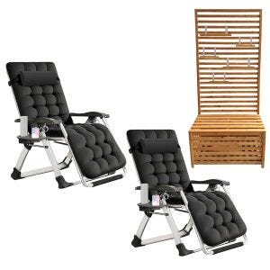 2x Garden chair folding SR11 deck chair sun lounger with metal cushion black + Garden chest with shelves Divit GR1 garden bench plant shelf