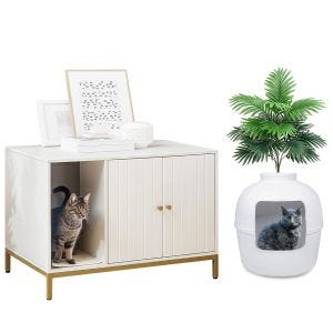 Set Feandrea Katzenklo-Schrank + Katzenklo mit Kunstpflanze Divit HK3 Katzentoilette mit Kratzmatte und Katzen Toilette