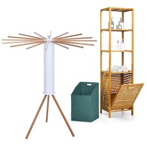 Set Bambus Regal mit Wäschekorb + Wäscheständer faltbar Divit WS9 Badezimmer Hochschrank und Kleiderständer Bambus