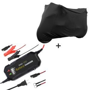 Set Motorrad Batterie Ladegerät + Abdeckplane Indoor M-L schwarz_1