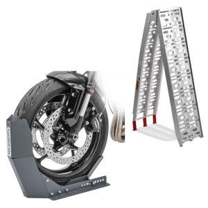 Set: aluminium loading ramp max. 750 lbs folding for scooter quad ATV + Wheel Chock Easy-Fix Front Stand up to 21 Inch grey