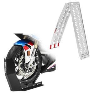 Set: Auffahrrampe bis 340 kg Alu-I klappbar + Transportständer Easy-Fix Wippe bis 21 Zoll schwarz-matt_1