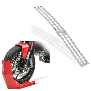 Set: Aluminium Loading Ramp Alu II up 750 lbs foldable for ATV + Wheel Chock Easy-Fix Front Stand up to 21 Inch red