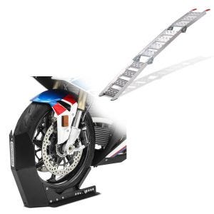 Set: Aluminium loading ramp III max. 595 lbs triple folding for + Wheel Chock Easy-Fix Front Stand up to 21 Inch -mate