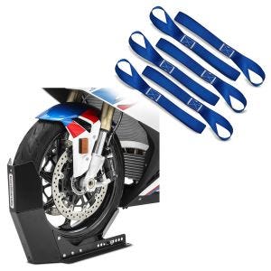 ,Set: Wheel Chock Easy-Fix Front Stand up to 21 Inch + Lashing strap,, 6pcs mega pack blue,