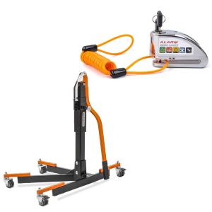 Power Evo Central Stand Paddock Lift orange without adapter plate + Alarm Brake Disc Lock with reminder cable Tourtecs 110dB