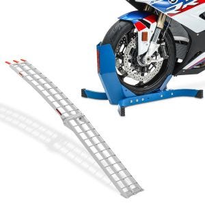 Set: Aluminium Loading Ramp Alu II up 750 lbs foldable for ATV + Wheel Chock Easy-Plus Front Stand up to 21 Inch blue