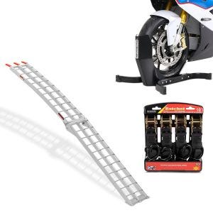 Set: Alu Auffahrrampe Spanngurt Set CS2 Alurampe max. 340kg + Motorradwippe Easy-Plus Motorradständer bis 21 Zoll schwarz-matt_1