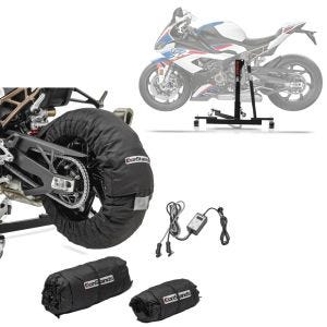 Set: Central Stand compatible with BMW S 1000 RR 19-24 Paddock Stand Power-Evo + Tyre Warmers Set Snaefell 30-99°C digital for front and rear wheel
